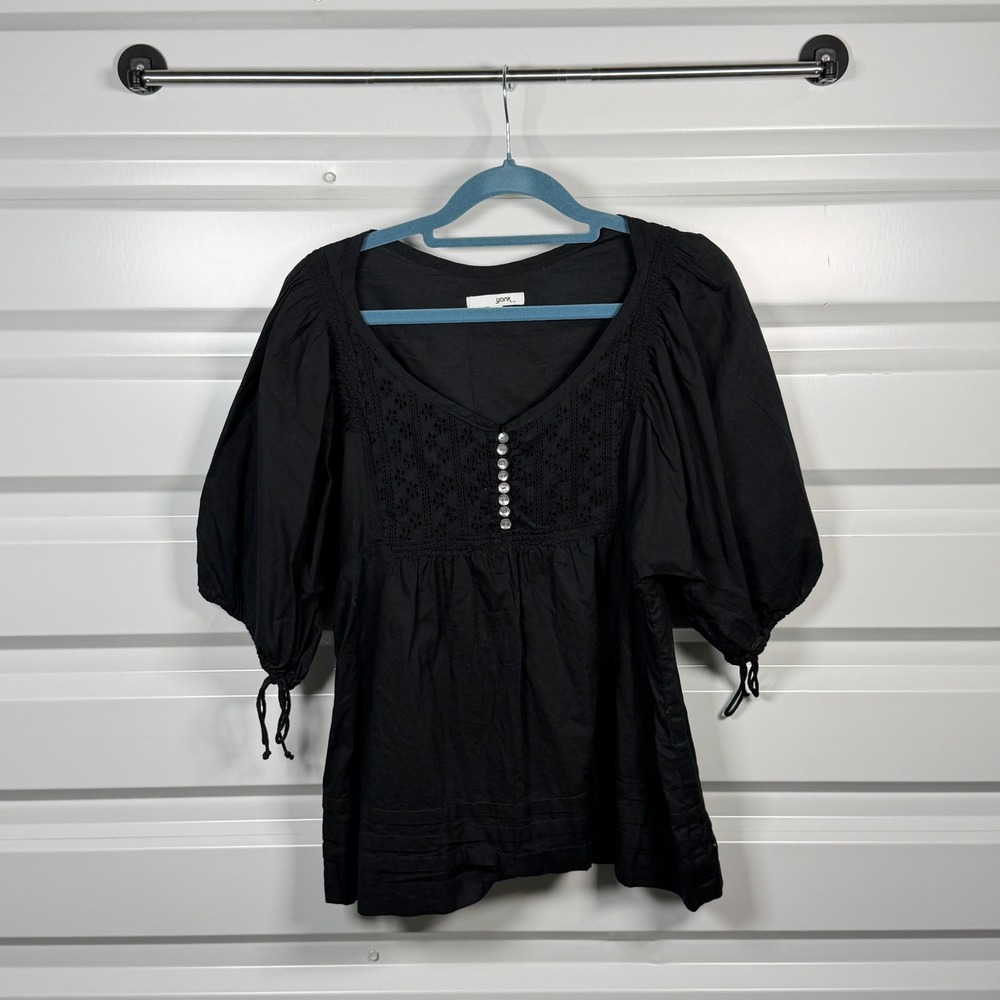 Yank Womens Black Cotton Eyelet Lace Puff Sleeve Boho Peplum Blouse M AZ4284I